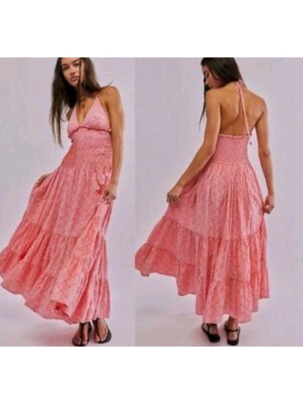 Free People Pintuck Paradise Maxi Dress Boho Ruffle Tiered Size L Coral